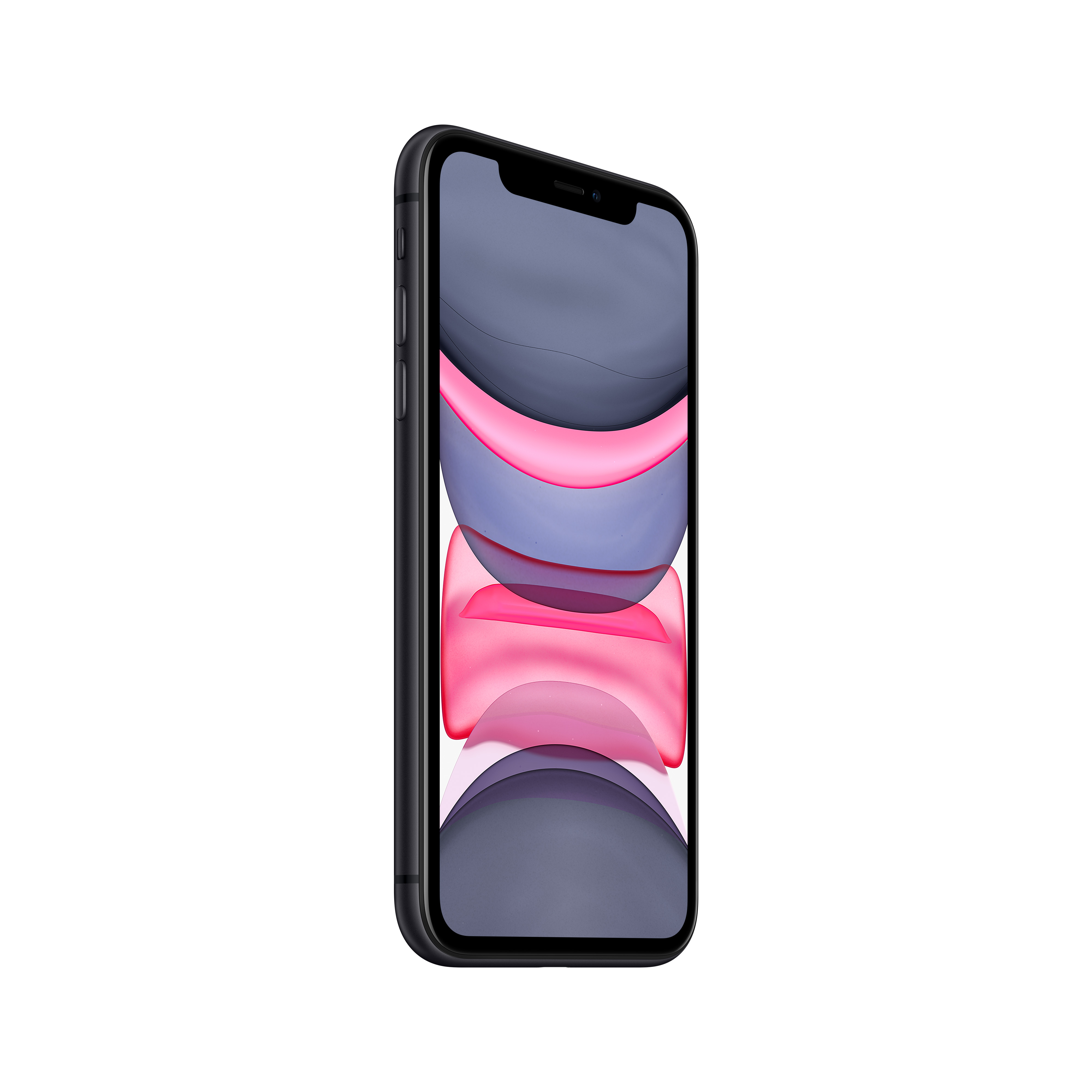 Siyah bir iPhone 11. Telefon bir kılıf içinde ve yana doğru eğik. Ekran görünür.