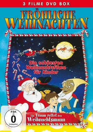 DVD-Cover mit Cartoon-Weihnachtsmann, Kind, Elf und Weihnachtsdekorationen. Text: 'Weihnachtsfilme für Kinder'.