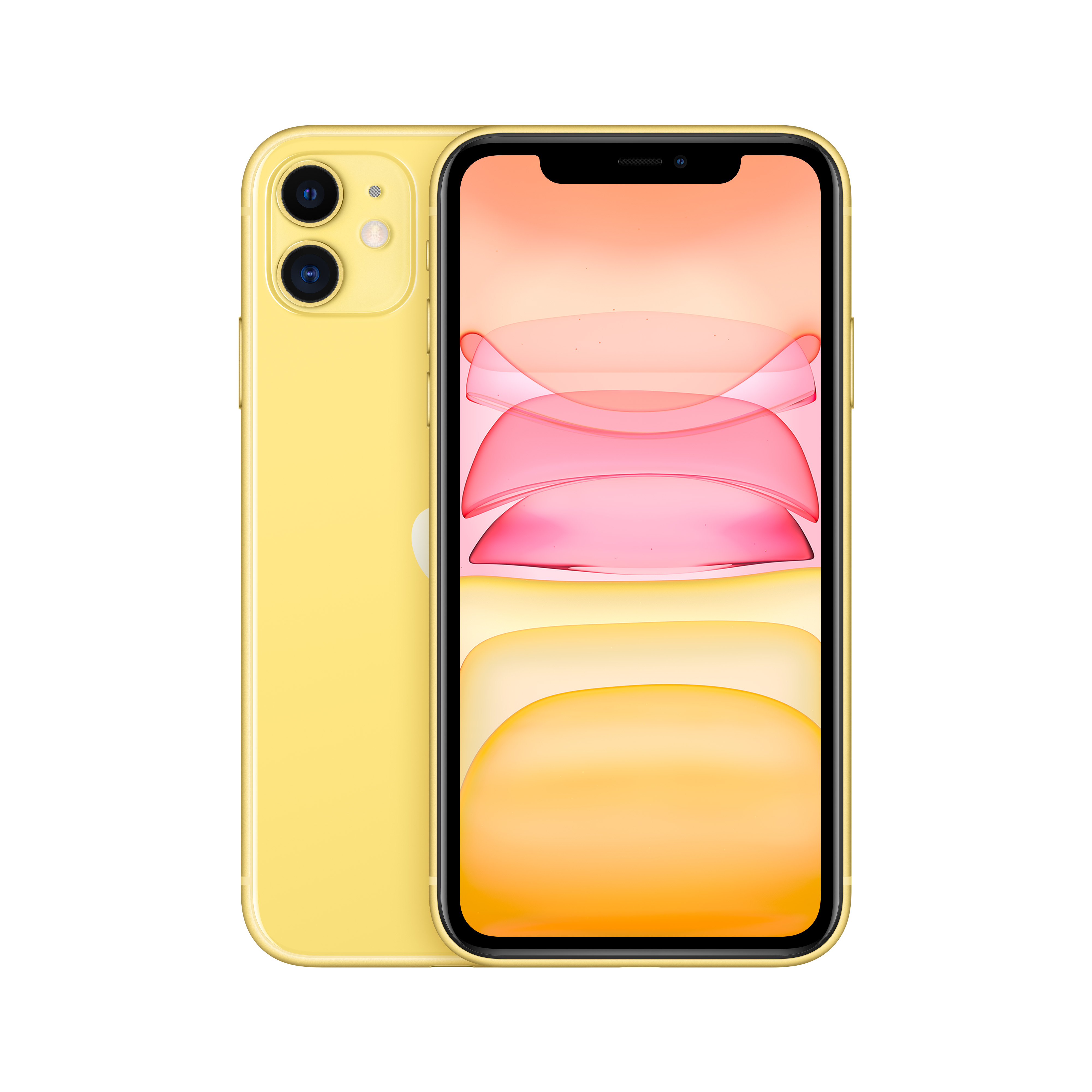 İki arka kameralı sarı iPhone 11. Ekran, renkli soyut bir görüntü gösteriyor. Arka plan beyaz.