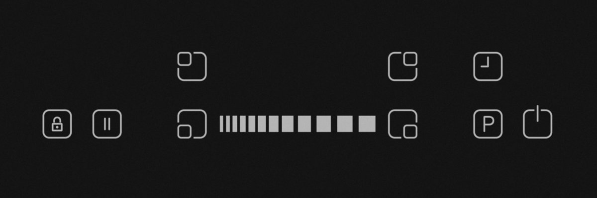 Écran noir avec icônes blanches : cadenas, pause, un carré, barre de progression, P et marche/arrêt.