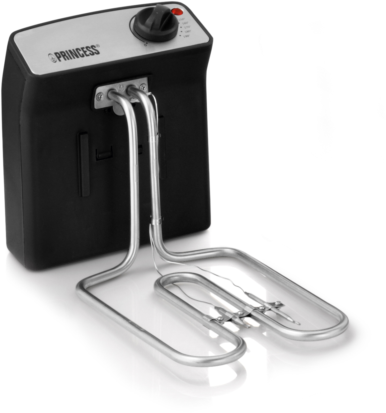 Black deep fryer with silver basket. Has a black control panel with a dial.