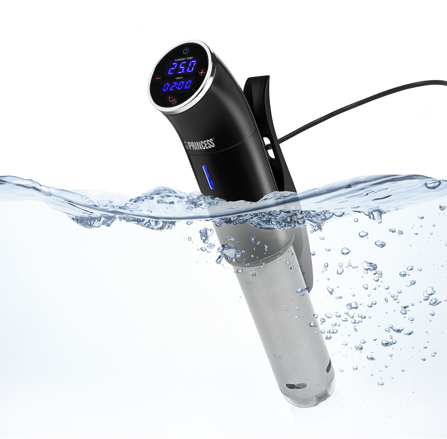 A black immersion circulator in water. It has a digital display showing temperature and time settings.
