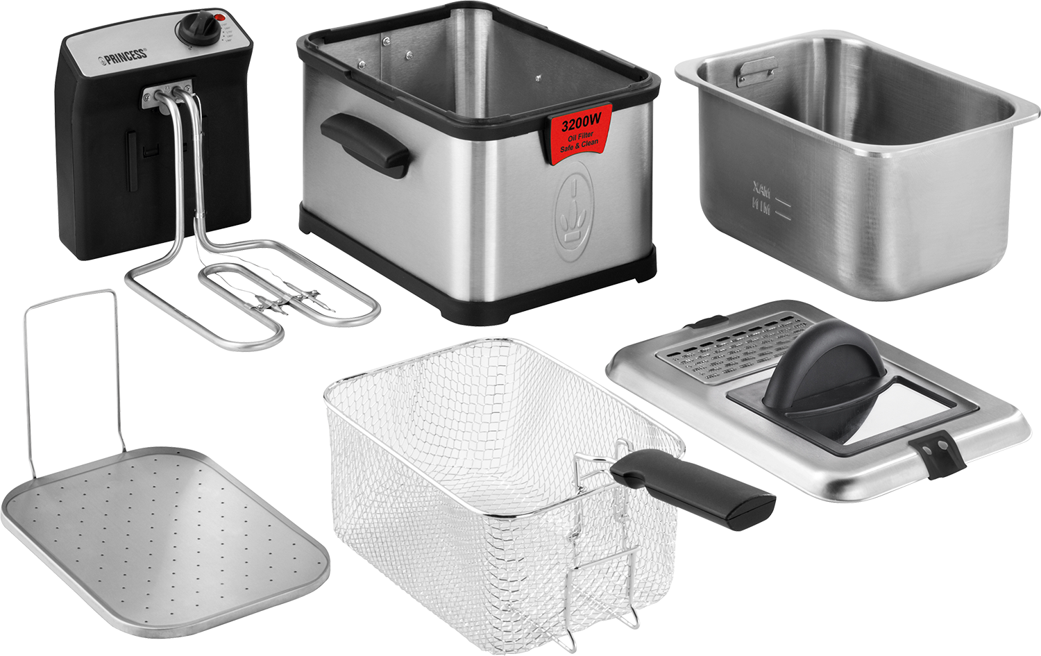 Various stainless steel parts of a deep fryer on a white background.