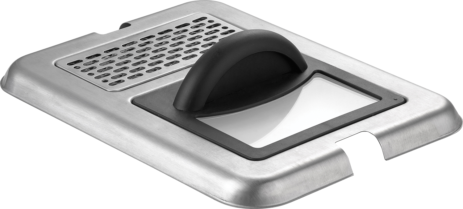 Silver, metal-like tray with a black handle and a clear rectangular panel.