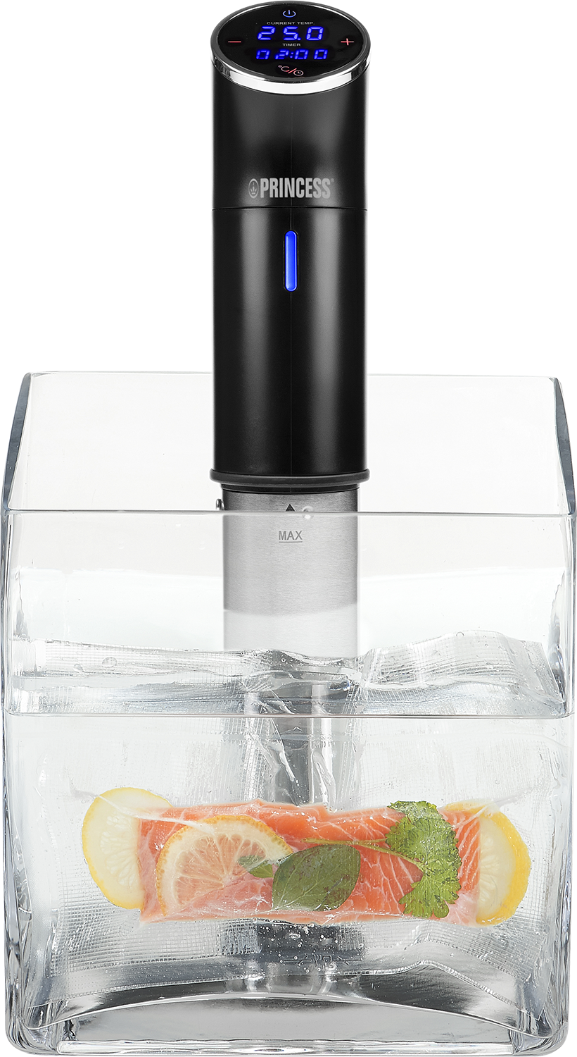 Princess sous vide machine. Black top with a digital display. Food in a clear container.