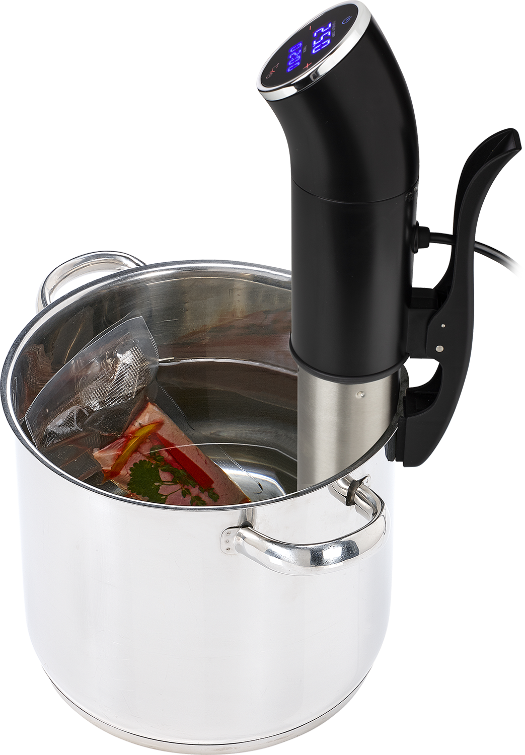 Stainless steel pot with a submerged bag of food and an immersion circulator.