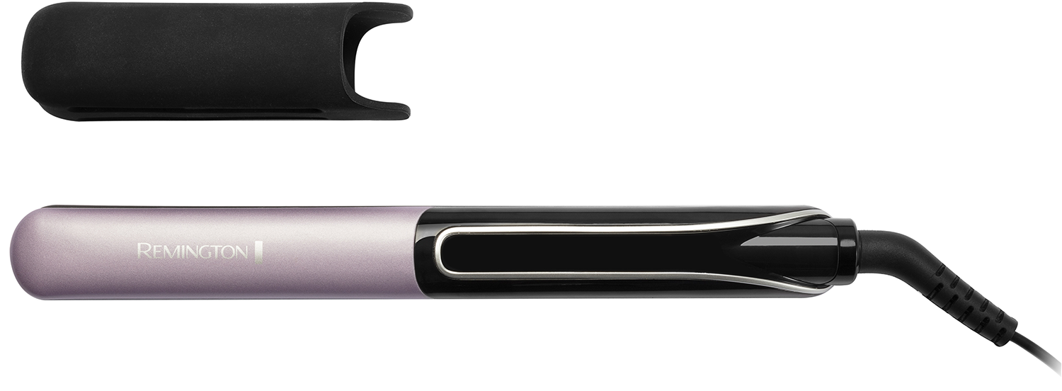 A black and purple Remington hair straightener with a black protective cover.