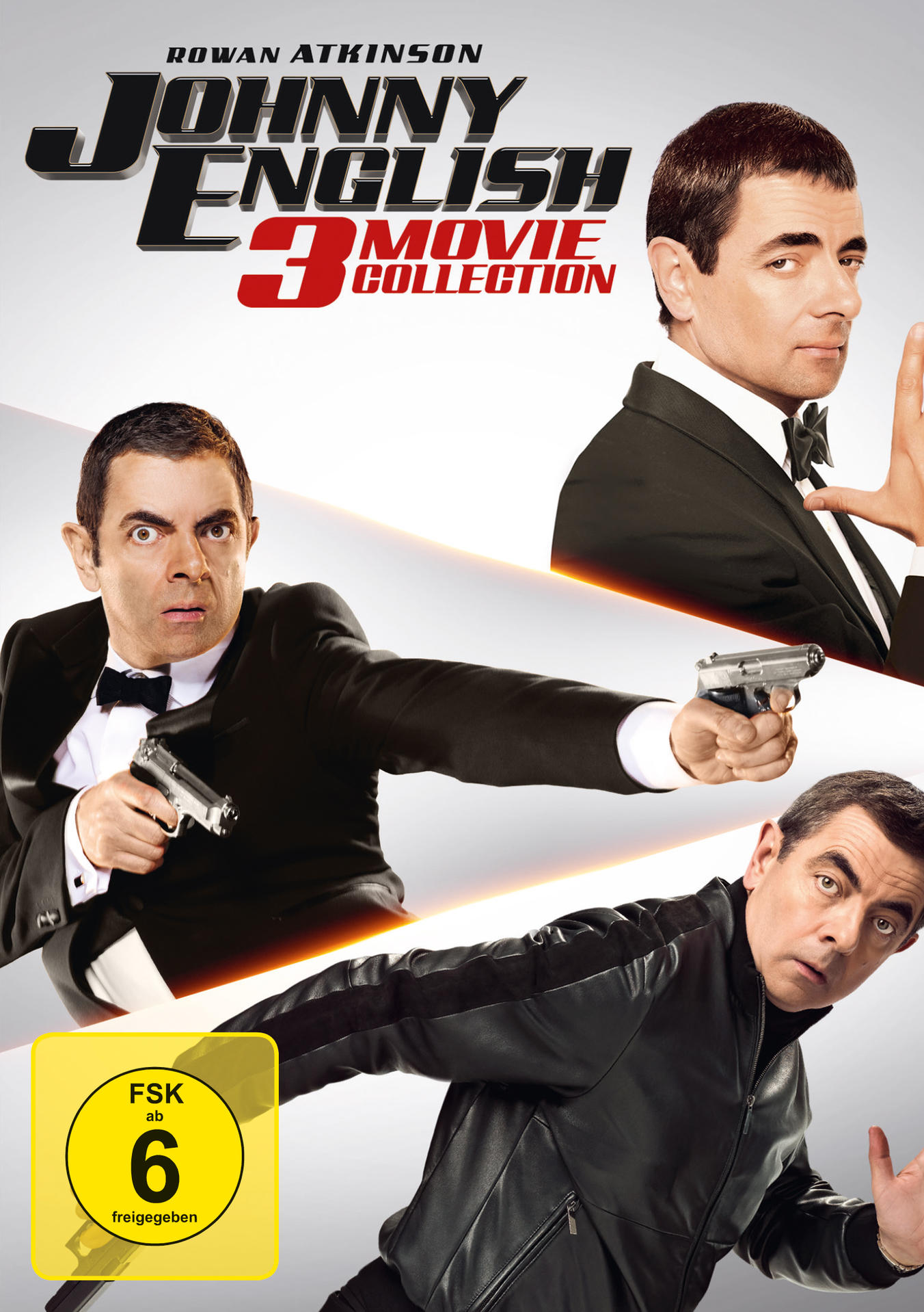 Filmcover für die Johnny English 3 Movie Collection. Rowan Atkinson in verschiedenen Posen mit einer Waffe.