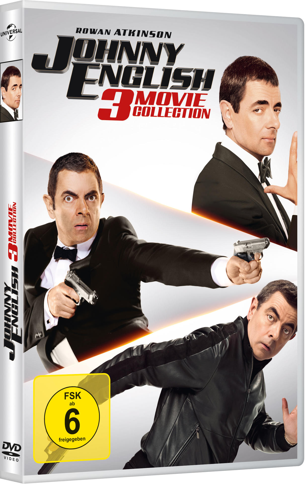DVD-Hülle für Johnny English 3 Movie Collection, mit Rowan Atkinson in Aktion.