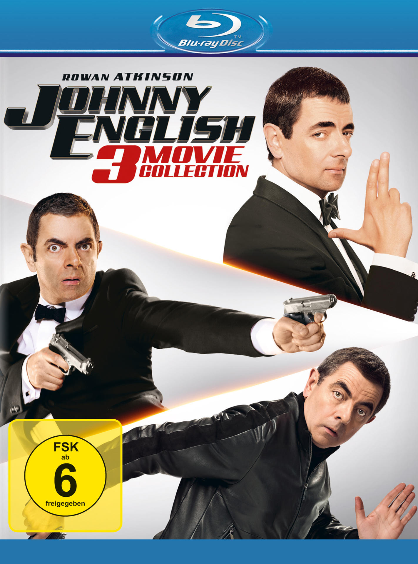 Blu-ray-Filmcover mit Rowan Atkinson. Drei Bilder zeigen ihn in der Rolle, mit Waffen und überraschtem Gesichtsausdruck.