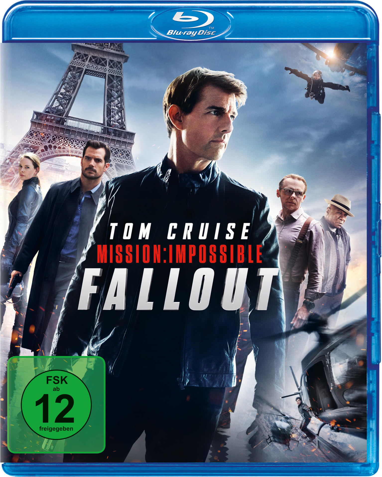 Filmcover: Tom Cruise in Mission: Impossible - Fallout, blaue Blu-ray-Hülle.