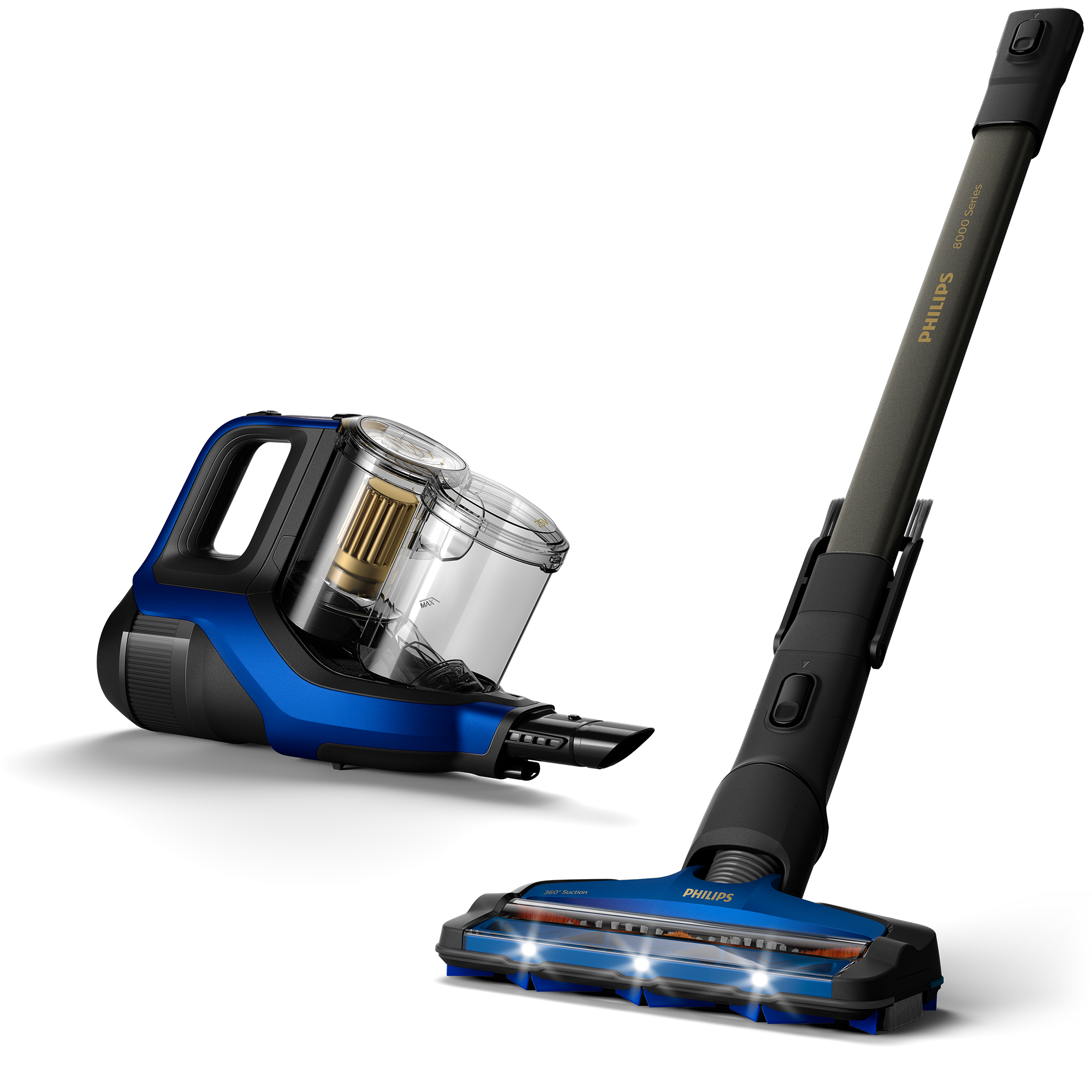 Blauwe en zwarte Philips stofzuiger met losse onderdelen.