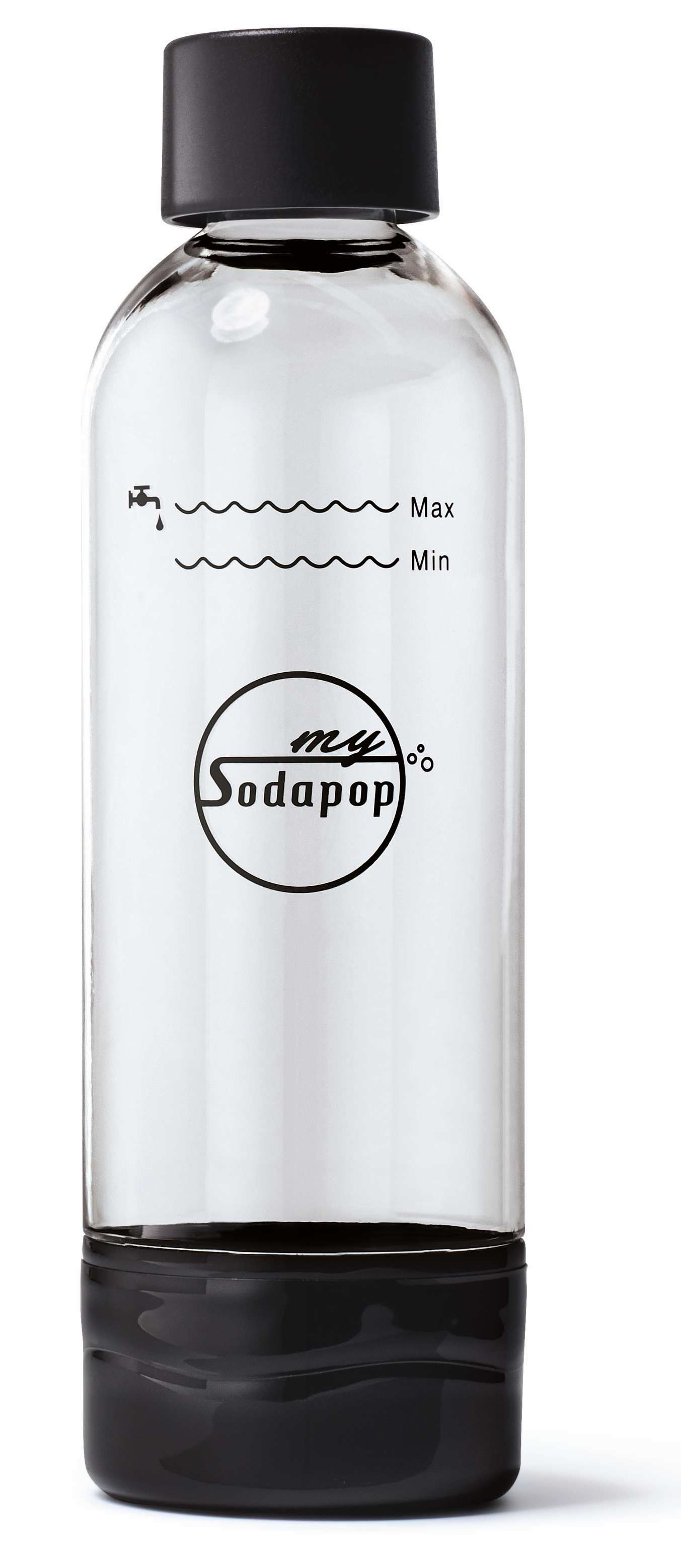 Eine transparente Wasserflasche mit schwarzem Deckel, 'my Sodapop' Logo und Füllstandsanzeigen.