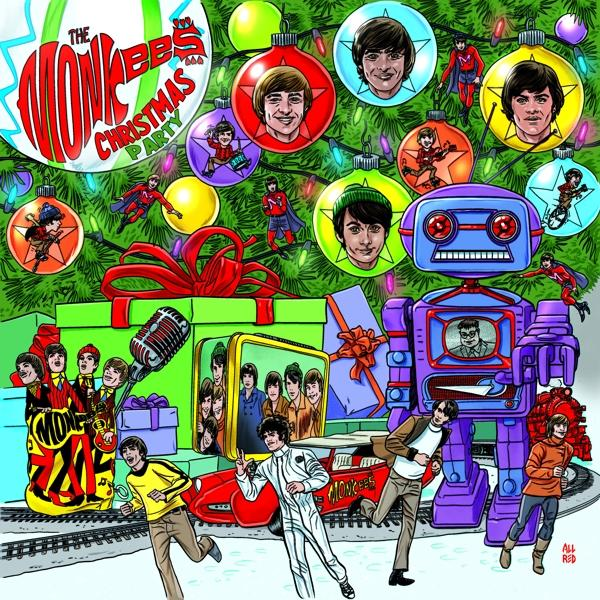 Albumcover für The Monkees Christmas Party. Cartoon-Weihnachtsszene mit Bandmitgliedern, Geschenken und einem Roboter.