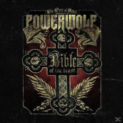 A Powerwolf Bible of the Beast album borítója. Díszes keresztet, szárnyakat és szöveget tartalmaz feketén.