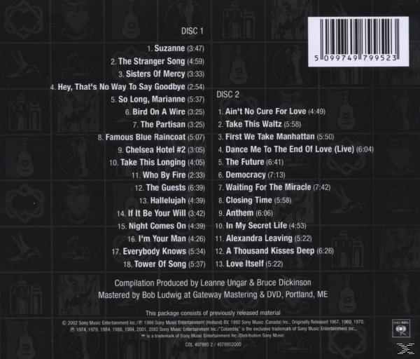 Leonard Cohen album hátlapja, a számlistával és a készítők nevével, sötét háttéren.