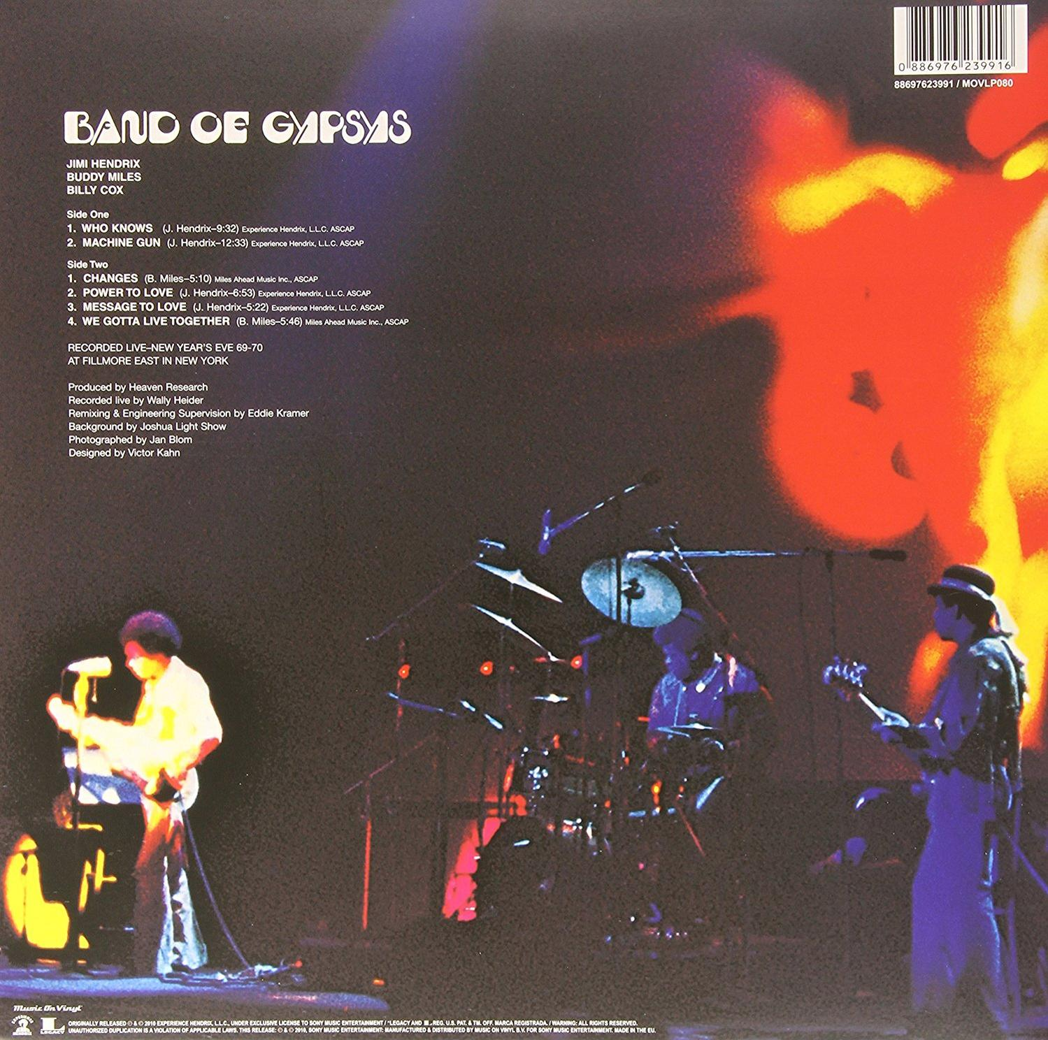 A Band of Gypsys album hátlapja, a zenekar tagjaival.