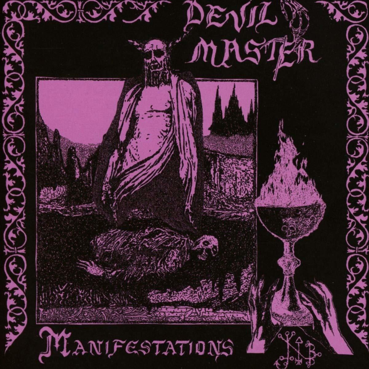 Pochette d'album pour Devil Master, montrant une figure démoniaque et un calice en flammes sur fond noir.