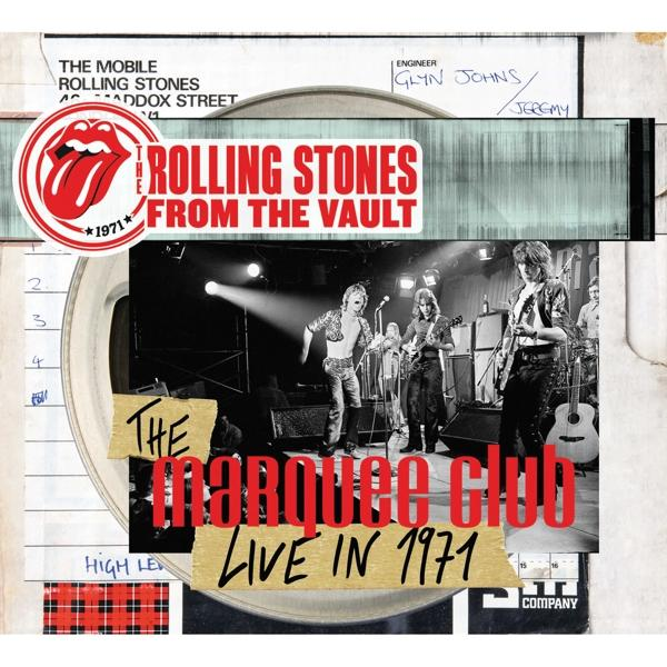 Albumhoes. Een live band op het podium, met het Rolling Stones-logo en tekst.