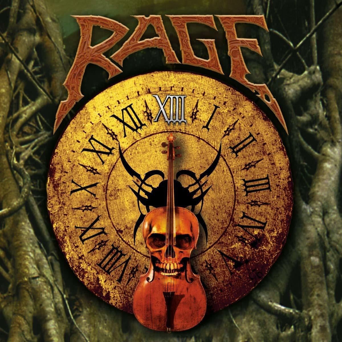 Albumcover mit uhrähnlichem Gesicht, geigeförmigem Schädel und dem Wort 'RAGE'.
