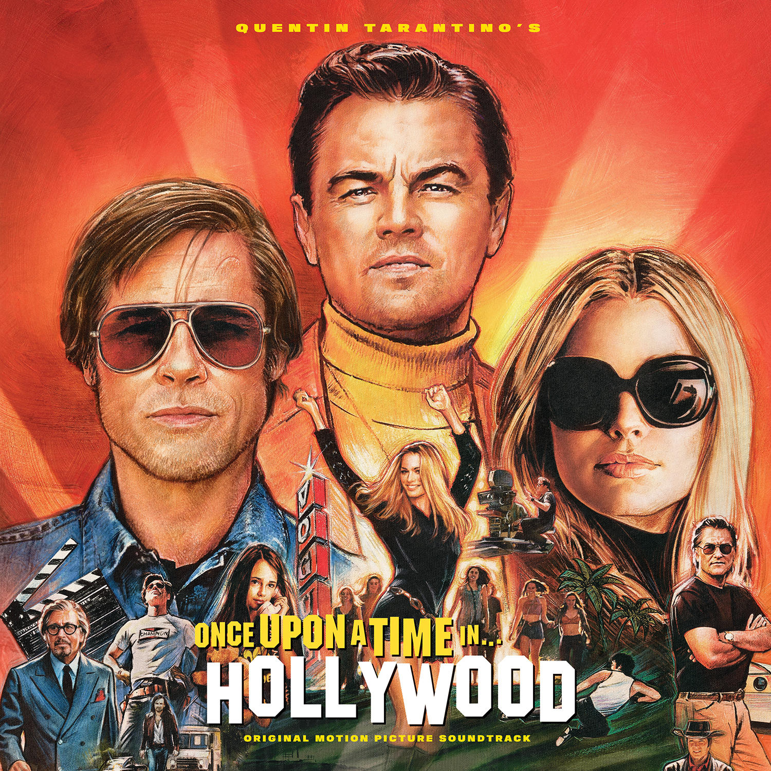 Filmcover: Once Upon a Time in Hollywood. Brad Pitt, Leonardo DiCaprio und Margot Robbie.