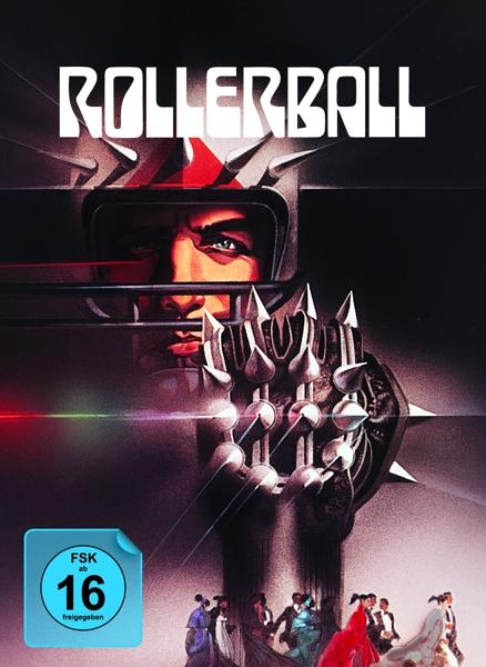 Filmplakat mit Mann im Helm, Titel 'Rollerball' und futuristischem Design.