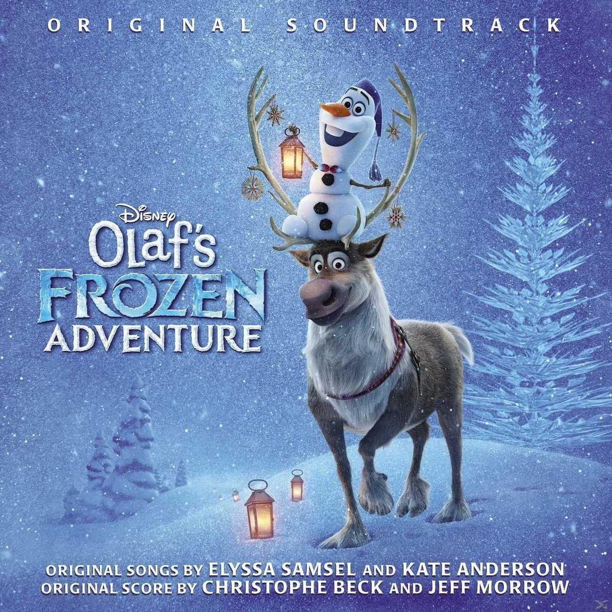 Olaf rénszarvason lovagol. A háttérben hó esik. Cím: Olaf's Frozen Adventure.
