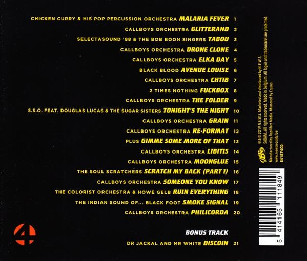 Liste des titres de l'album. La couverture est jaune et noire avec une liste de chansons et crédits.