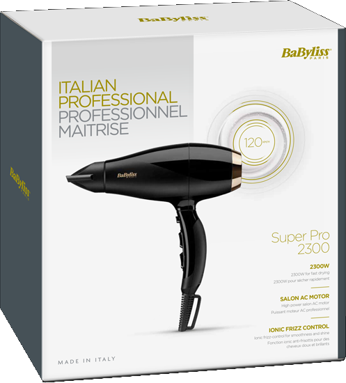 Asciugacapelli BaByliss nero in una scatola. La scatola ha testo in italiano e inglese.