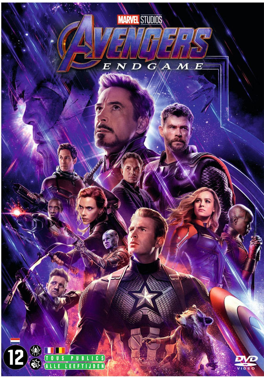 Couverture DVD Avengers: Endgame avec divers personnages, tons violets et bleus.