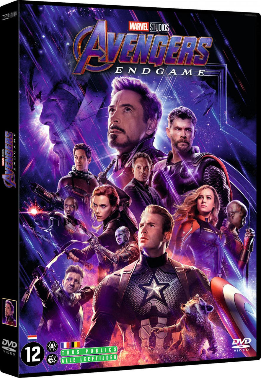 Couverture du DVD d'Avengers: Endgame. Comprend plusieurs personnages, dont Iron Man et Captain America.