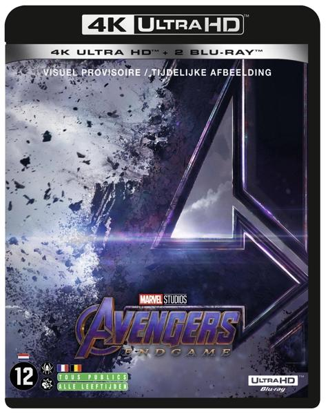 Couverture Avengers: Endgame 4K Ultra HD Blu-ray. Le logo 'A' avec un arrière-plan cosmique sombre.