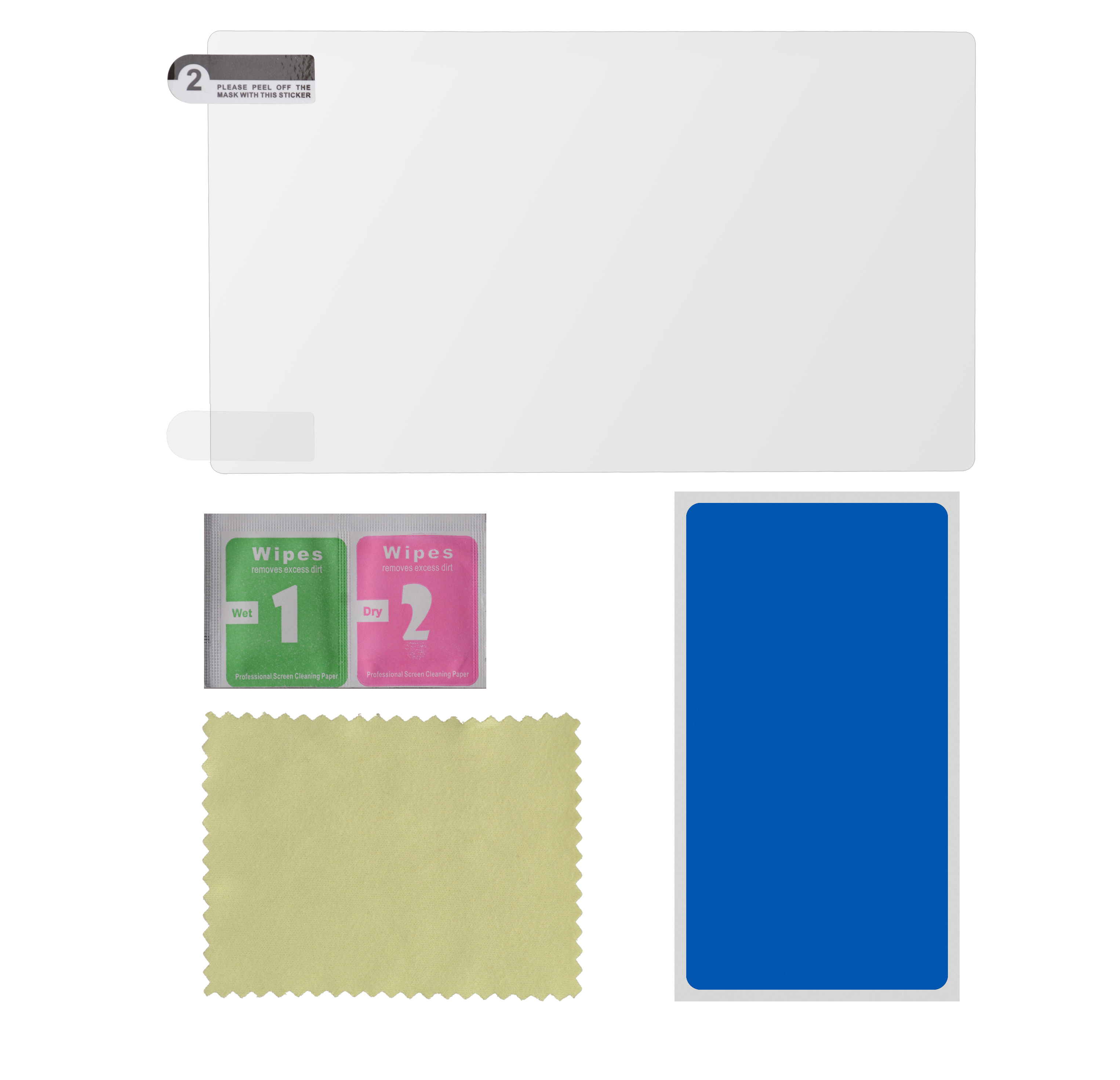 Ein Displayschutz-Kit mit Displayschutz, Reinigungstüchern und einem Tuch auf einer weißen Oberfläche.
