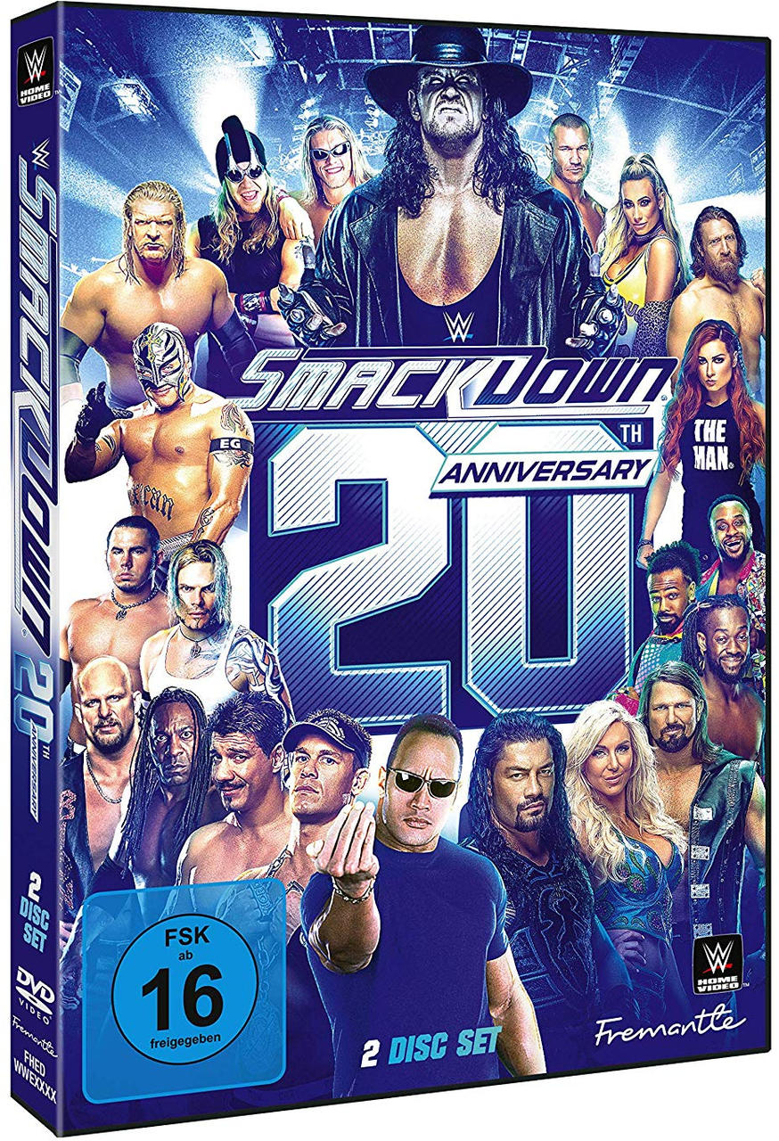 DVD-Hülle mit einer Vielzahl von WWE-Wrestlern. Der Titel lautet Smackdown 20th Anniversary.