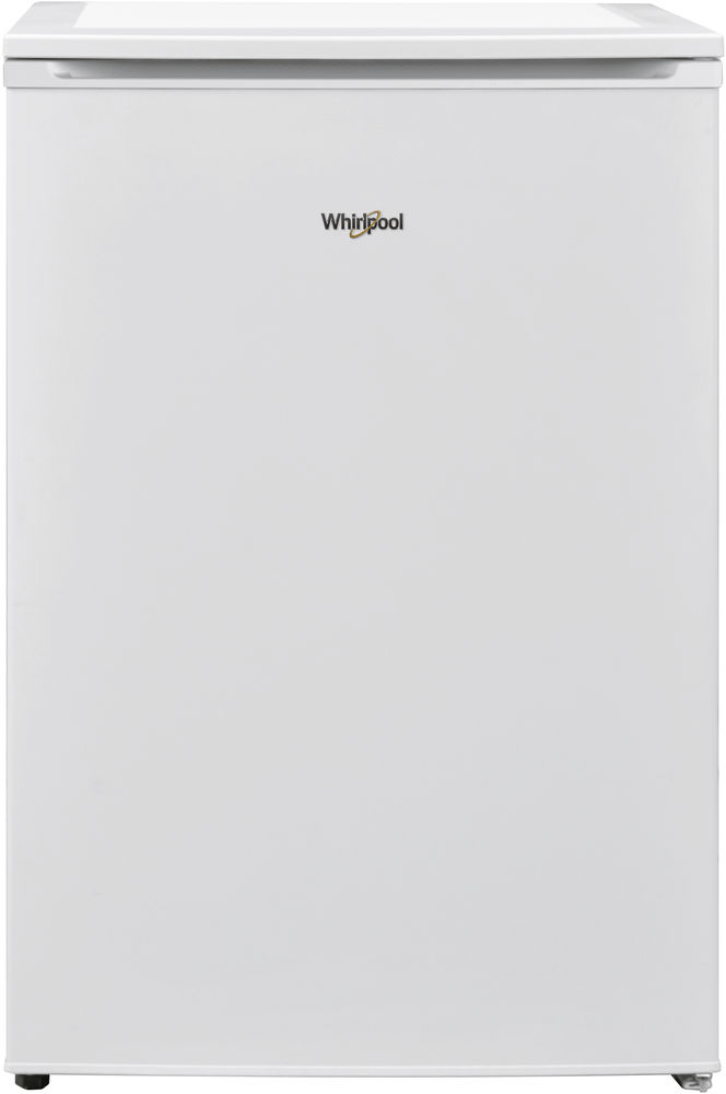 Réfrigérateur Whirlpool blanc au design simple. Il est debout sur un fond blanc.