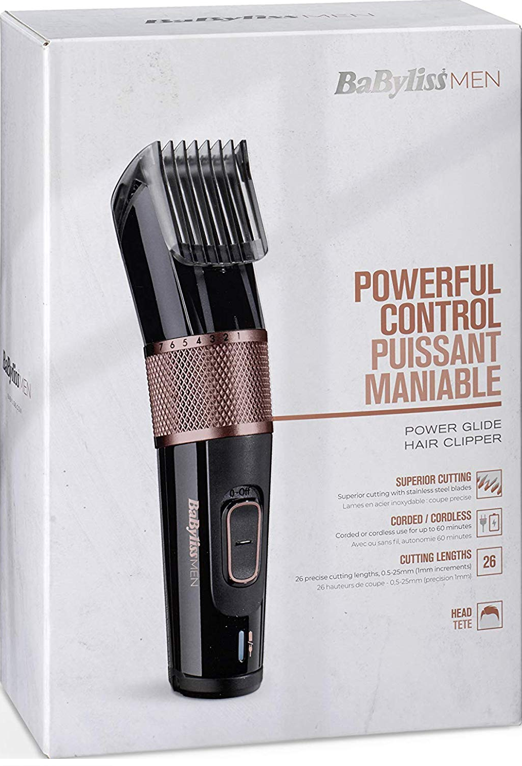 Eine schwarze und roségoldene BaByliss MEN Haarschneidemaschinenbox. Der Text ist auf Englisch und Französisch.