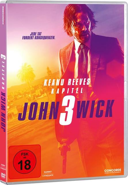 DVD-Cover von John Wick 3. Keanu Reeves in einem Anzug, der eine Waffe vor einem Wüstenhintergrund hält.