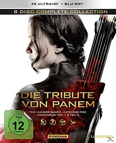 DVD-Cover. Eine Frau mit schwarzen Haaren und Pfeil und Bogen steht im Mittelpunkt. Titel: Die Tribute von Panem.