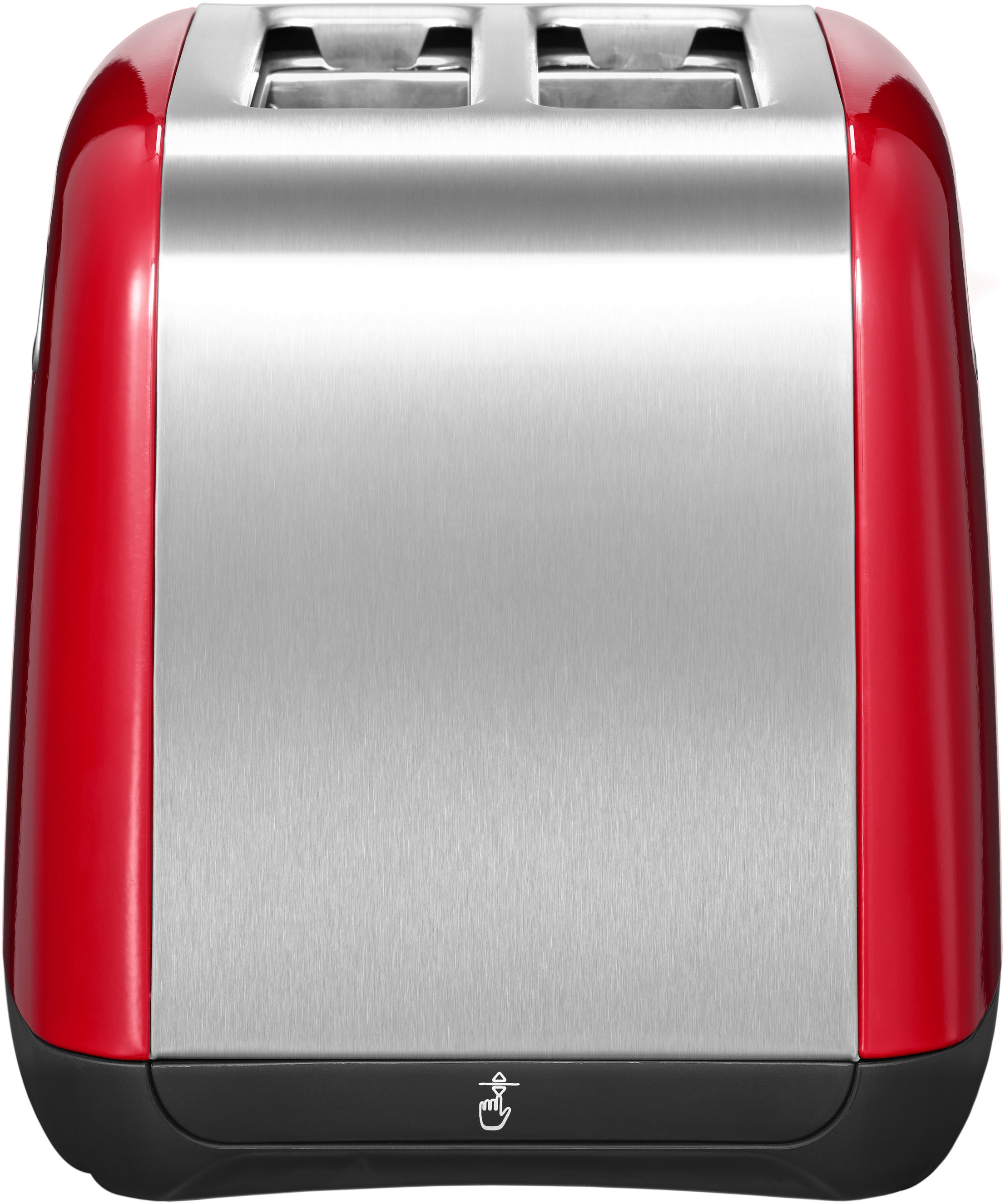 Ein roter und silberner Toaster mit zwei Schlitzen. Die Vorderseite hat eine silberne Platte und rote Seiten.