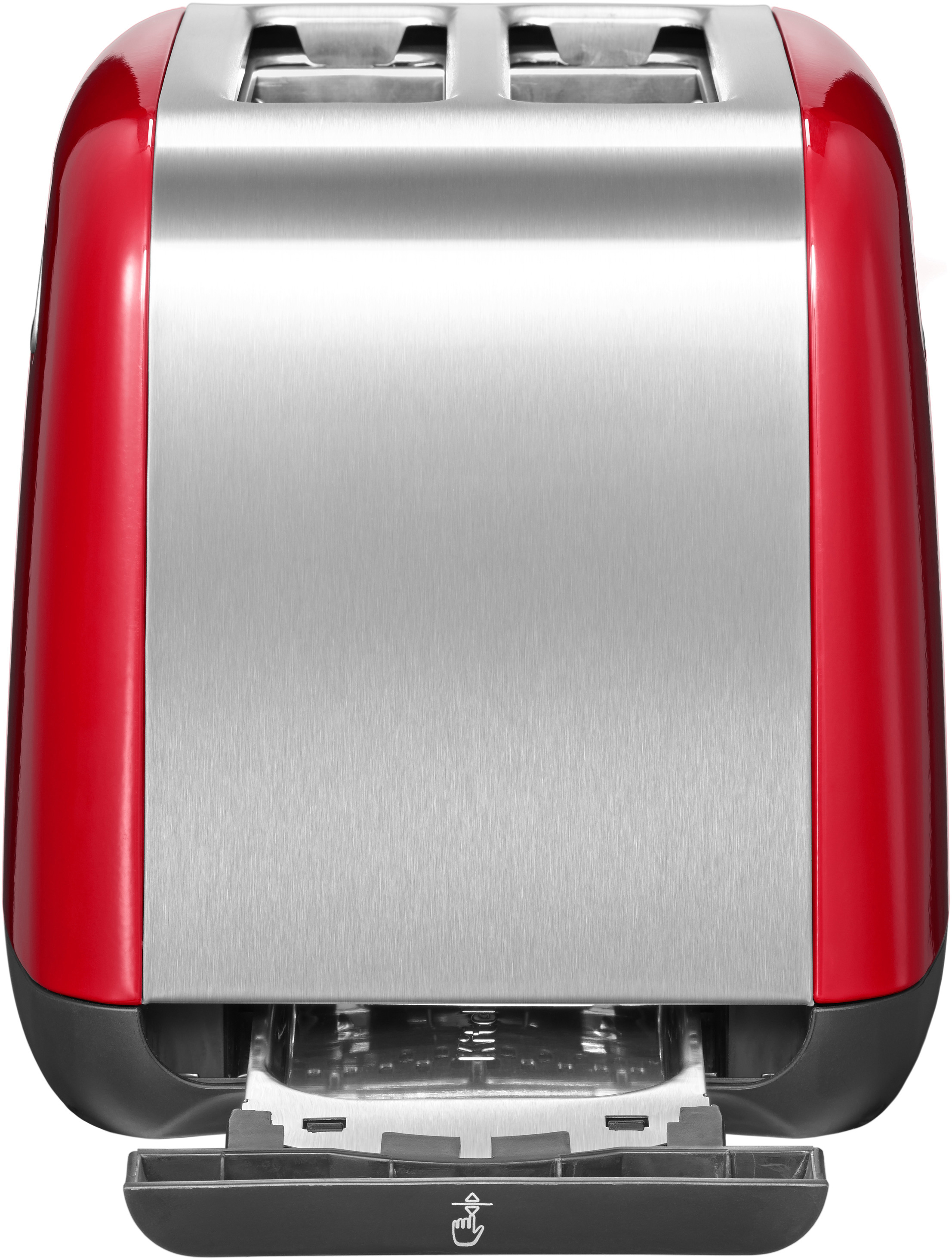 Roter und silberner Toaster. Mit Krümelschublade und Touch-to-Open-Griff.