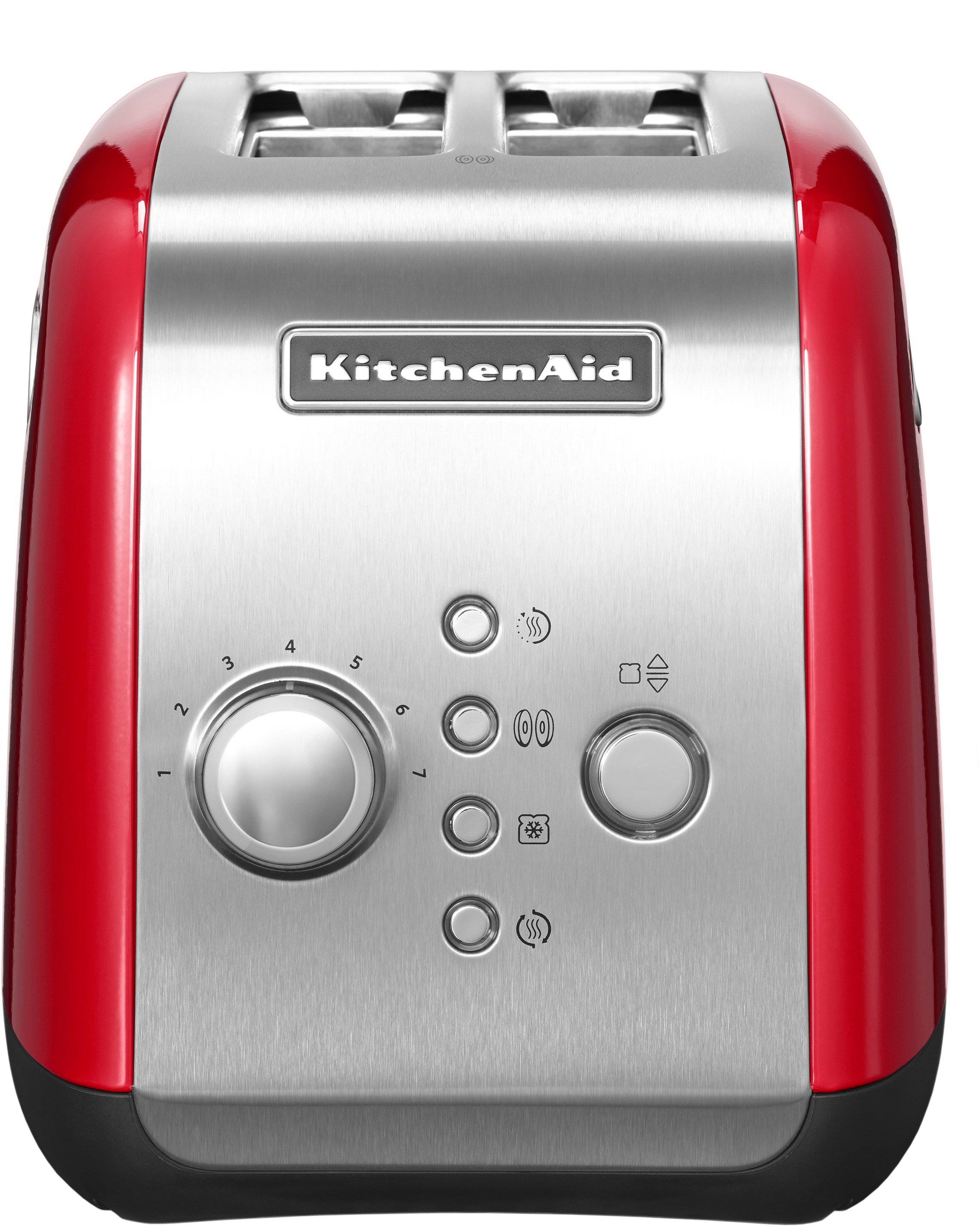 Roter und silberner KitchenAid-Toaster, Vorderansicht. Verfügt über Drehregler und Tasten für verschiedene Einstellungen.