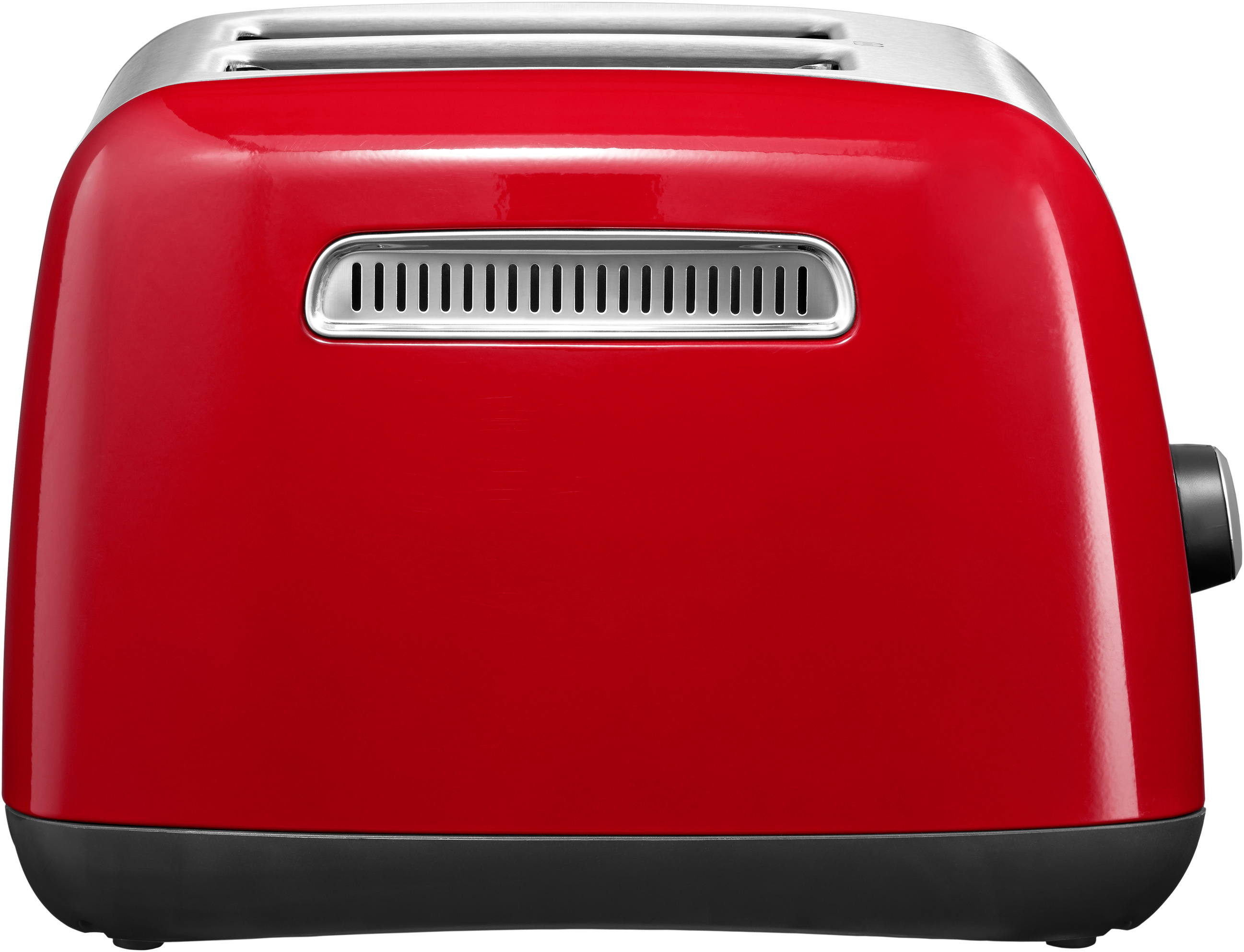 Roter KitchenAid-Toaster mit schwarzem Sockel, silbernem Oberteil und schwarzem Drehregler.