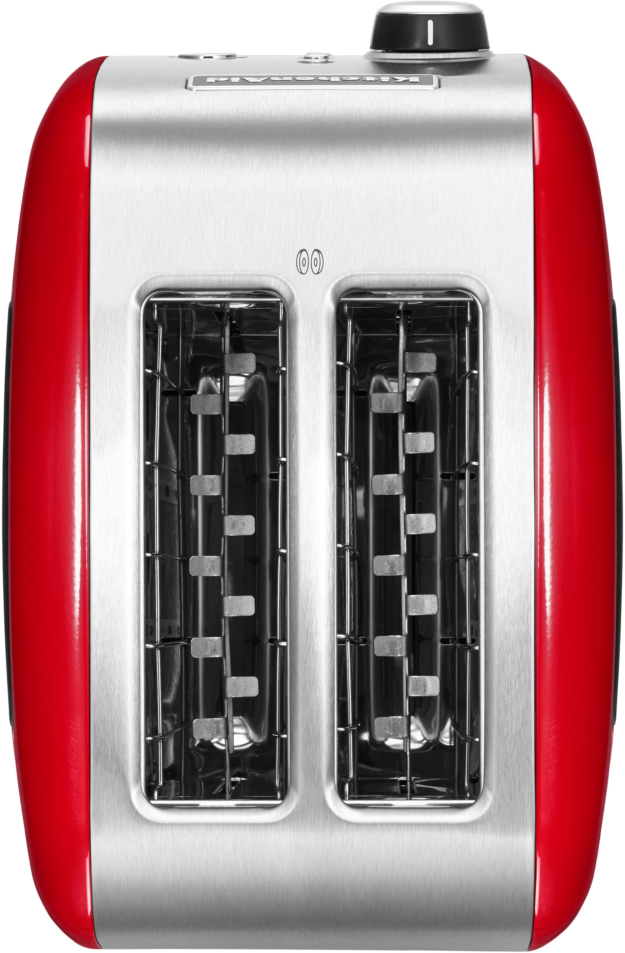 Roter und silberner Toaster. Draufsicht. Zwei Schlitze, schwarzes Innere. Marke KitchenAid.