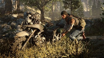 Hombre trabajando en una motocicleta en un bosque.