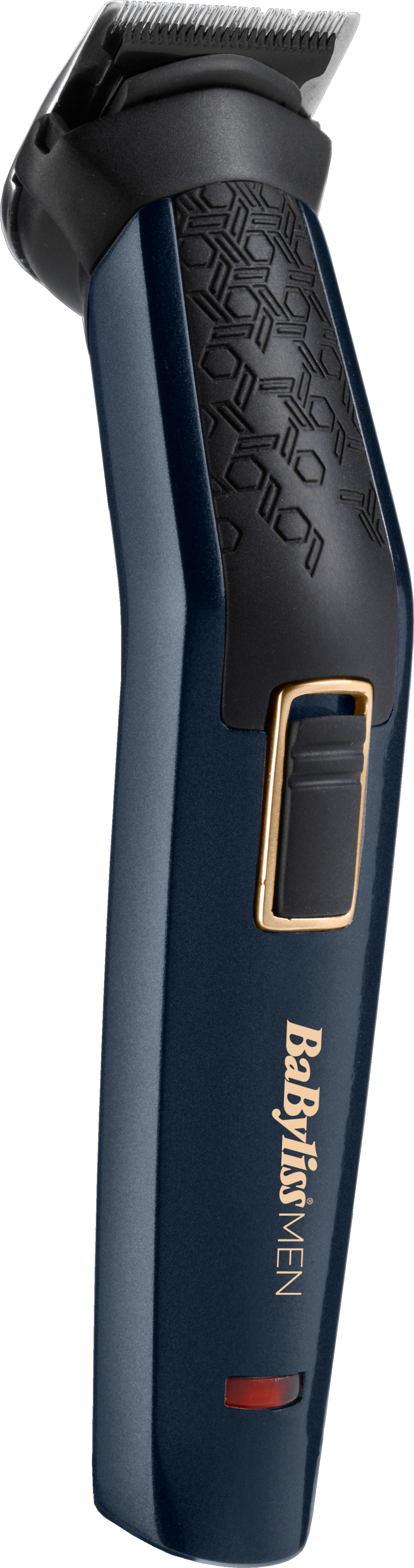 A close-up of a blue and black Babyliss Men trimmer. White background.