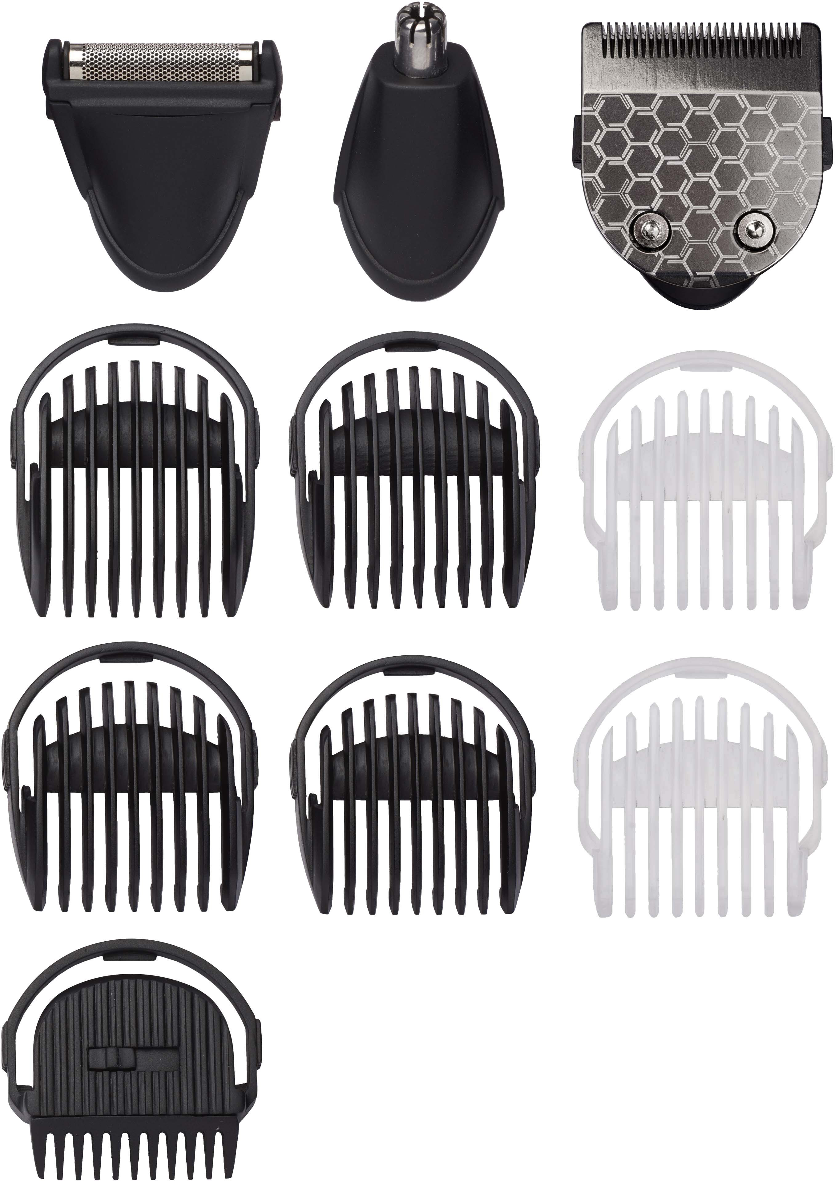 Several black hair trimmer attachments, including blades and combs, on a white background.