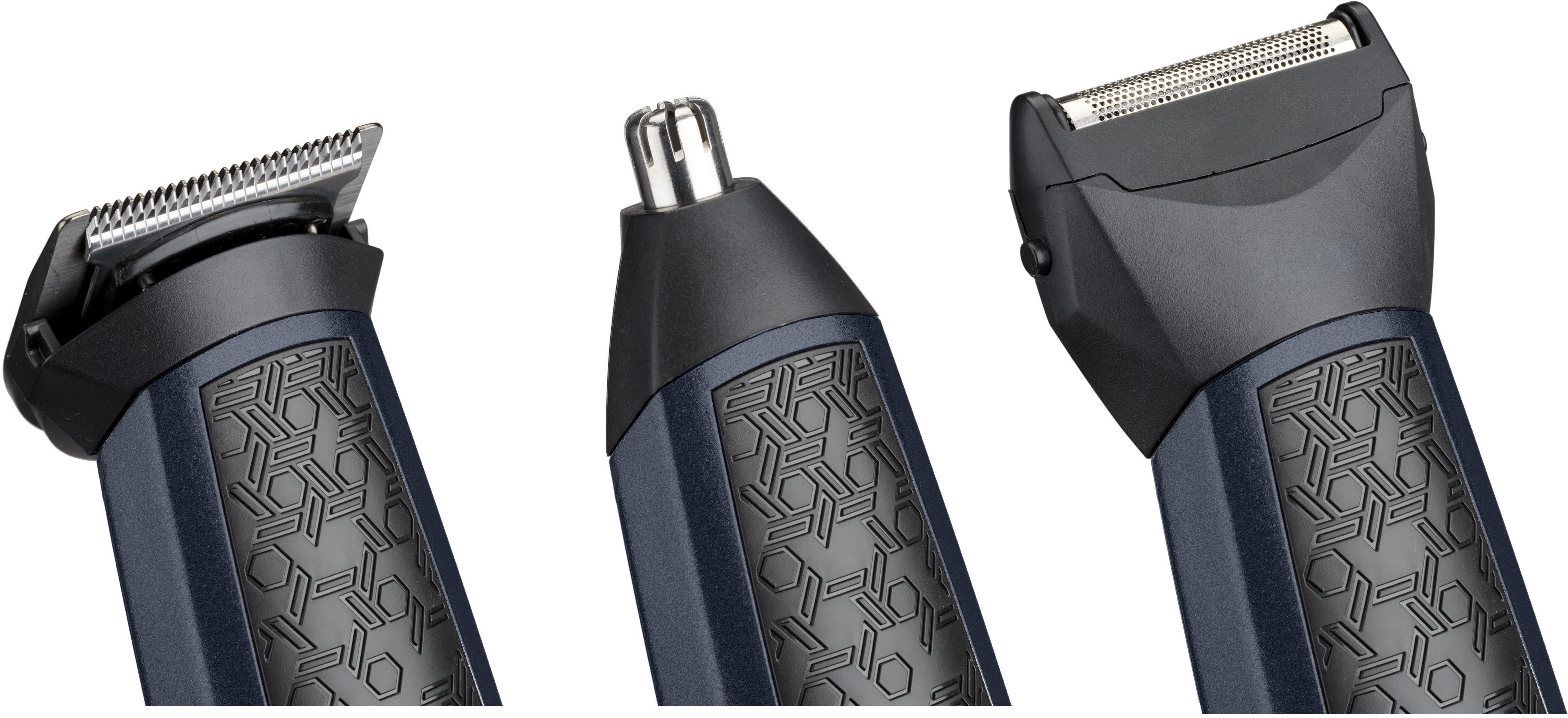 Close-up of three different trimmer heads: beard trimmer, nose trimmer, and a precision trimmer.