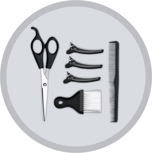 Friseurwerkzeuge: Schere, Clips, Bürste und Kamm, in einem grauen Kreis.