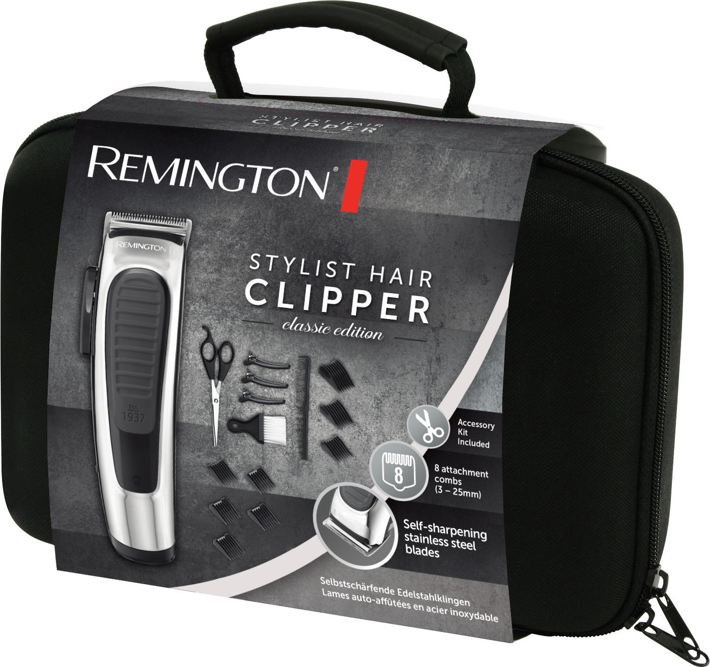 Remington Haarschneide-Set. Enthält Clipper, Schere, Kämme, Bürste und Aufsätze. Schwarzes Etui.