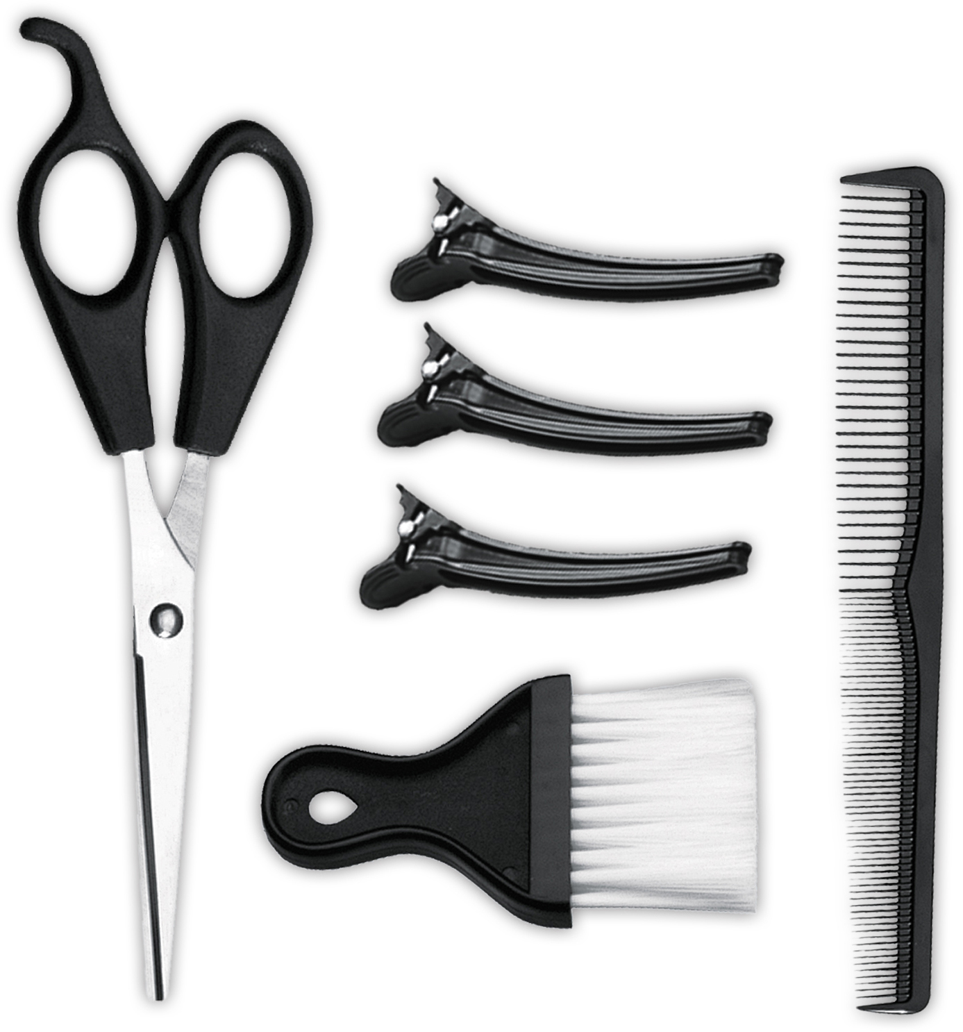 Friseurwerkzeuge: Schere, Clips, Kamm und Bürste. Alles ist schwarz auf weißem Hintergrund.